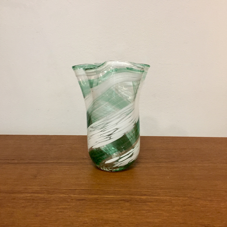 Green and White Striped Handkerchief Vase in Glass