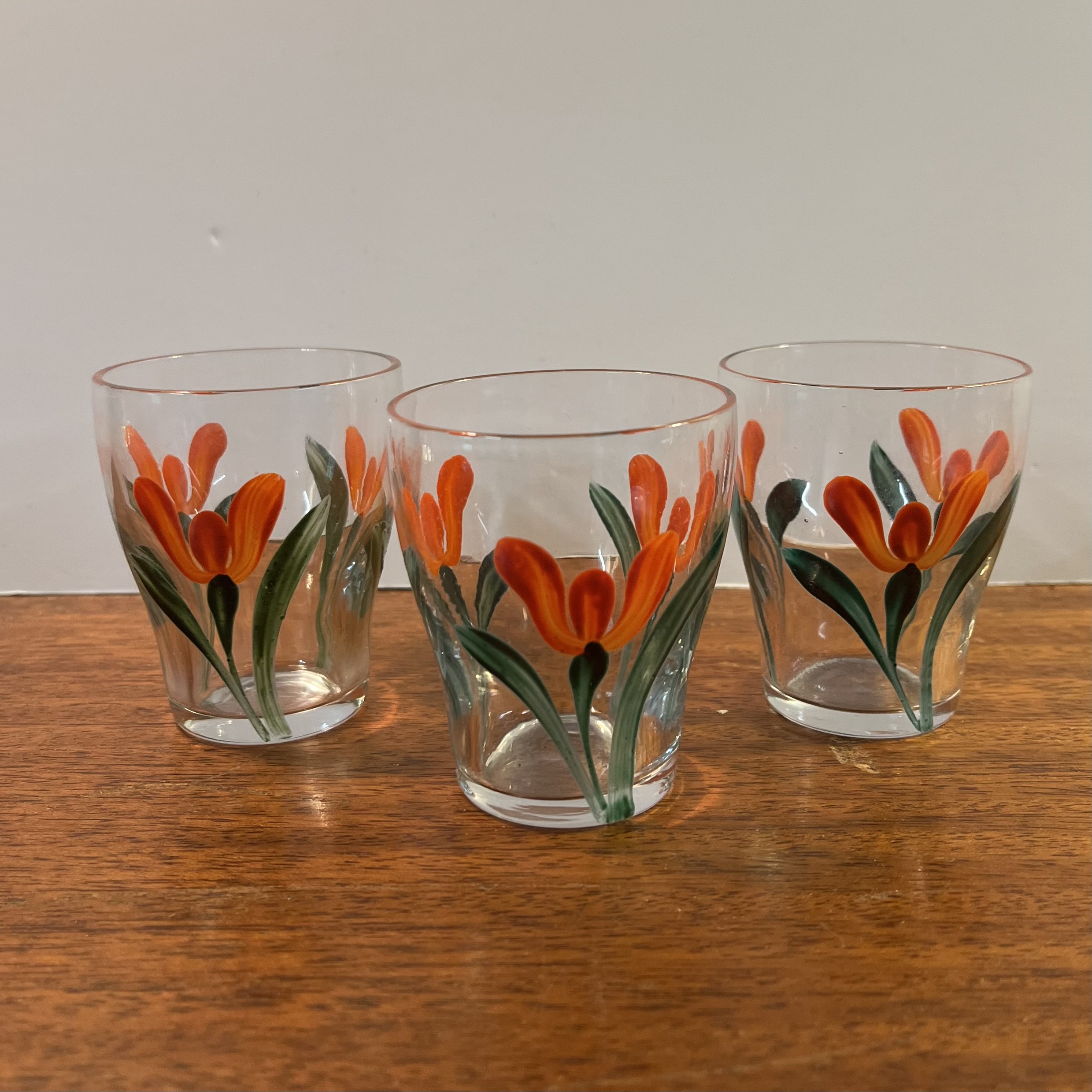 A set of 3 Hand Painted Drinking Glasses with Tulips
